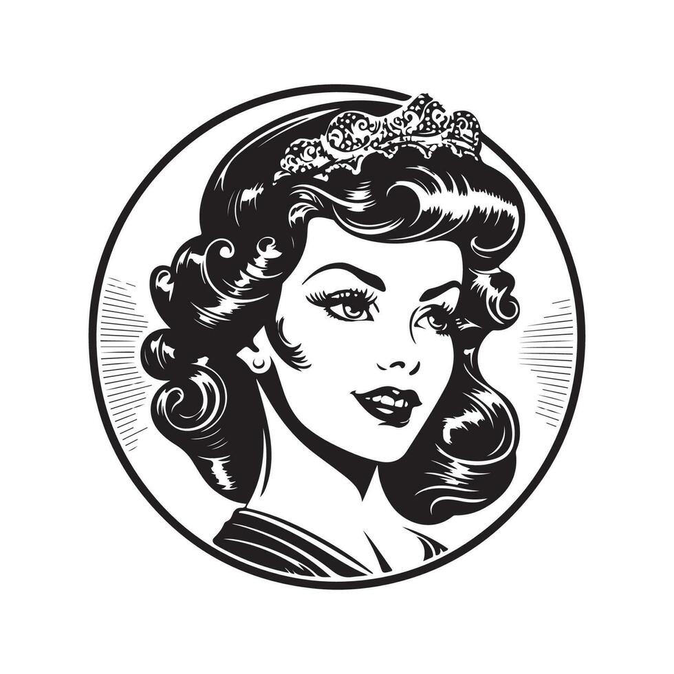 fair queen, vintage logo line art concept black and white color, hand drawn illustration vector