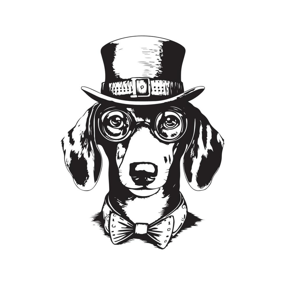 dog dachshund wearing glasses and top hat, vintage logo line art concept black and white color, hand drawn illustration vector