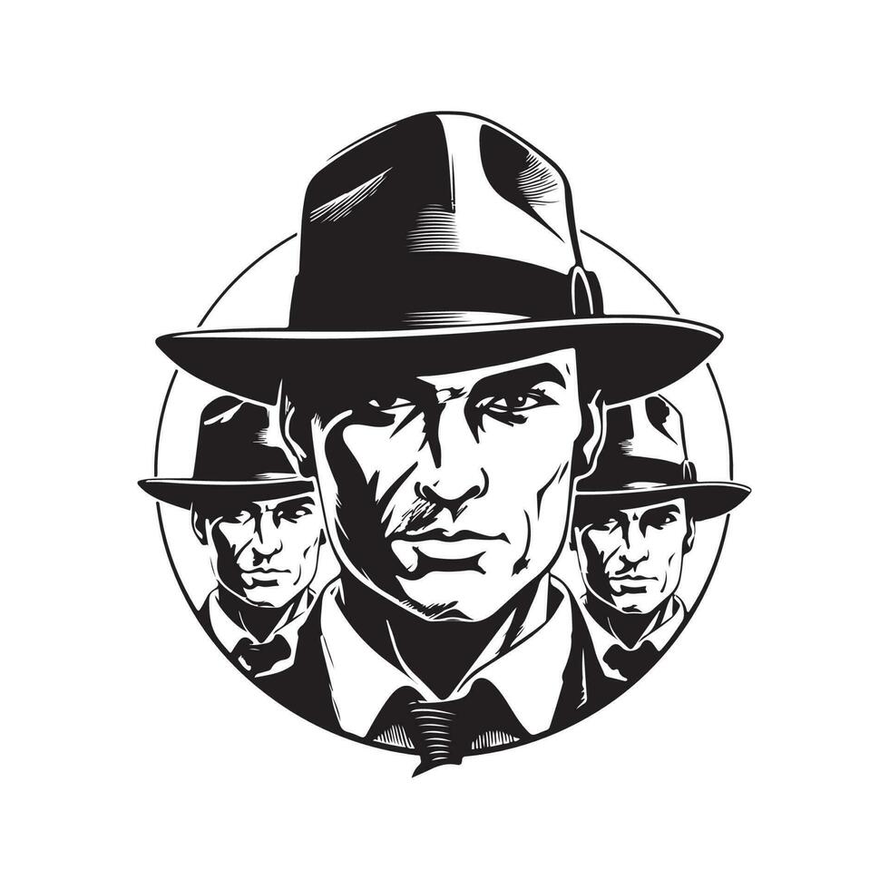 gangster wearing fedora hat, vintage logo line art concept black and white color, hand drawn illustration vector