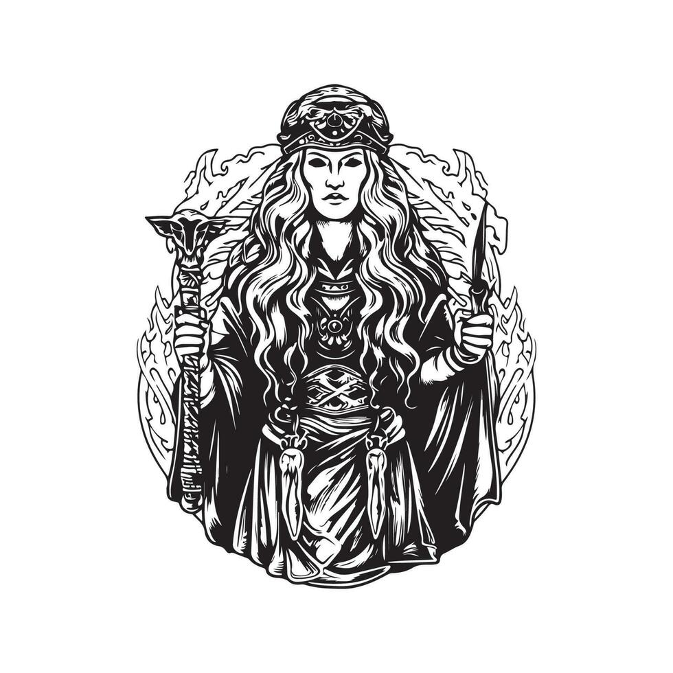 female goddess, vintage logo line art concept black and white color, hand drawn illustration vector