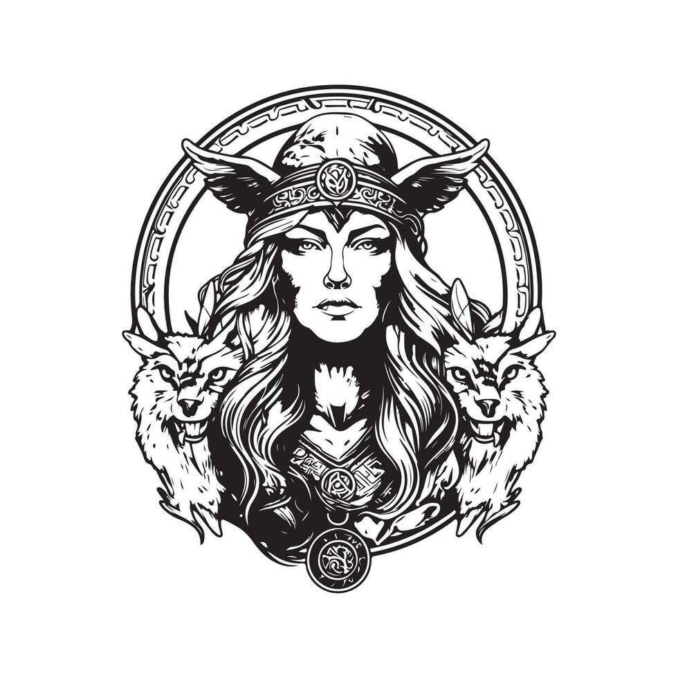 female goddess, vintage logo line art concept black and white color, hand drawn illustration vector