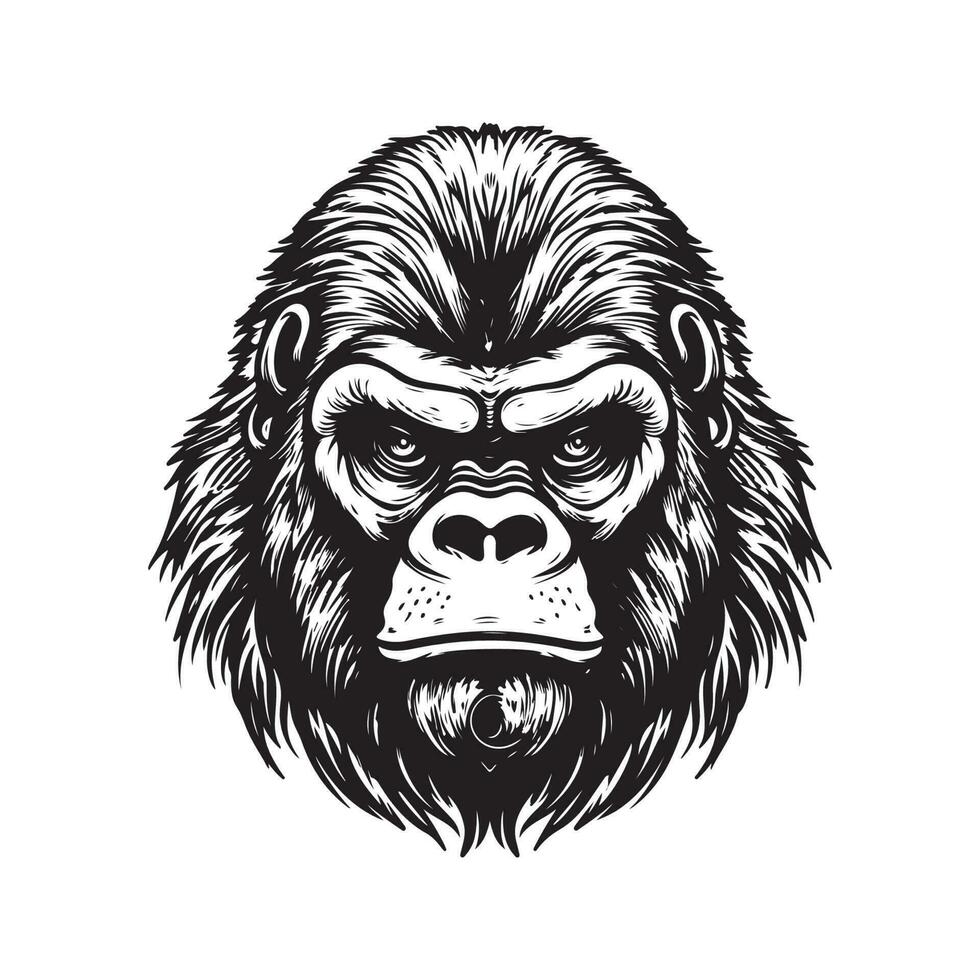 gorilla head, vintage logo line art concept black and white color, hand drawn illustration vector