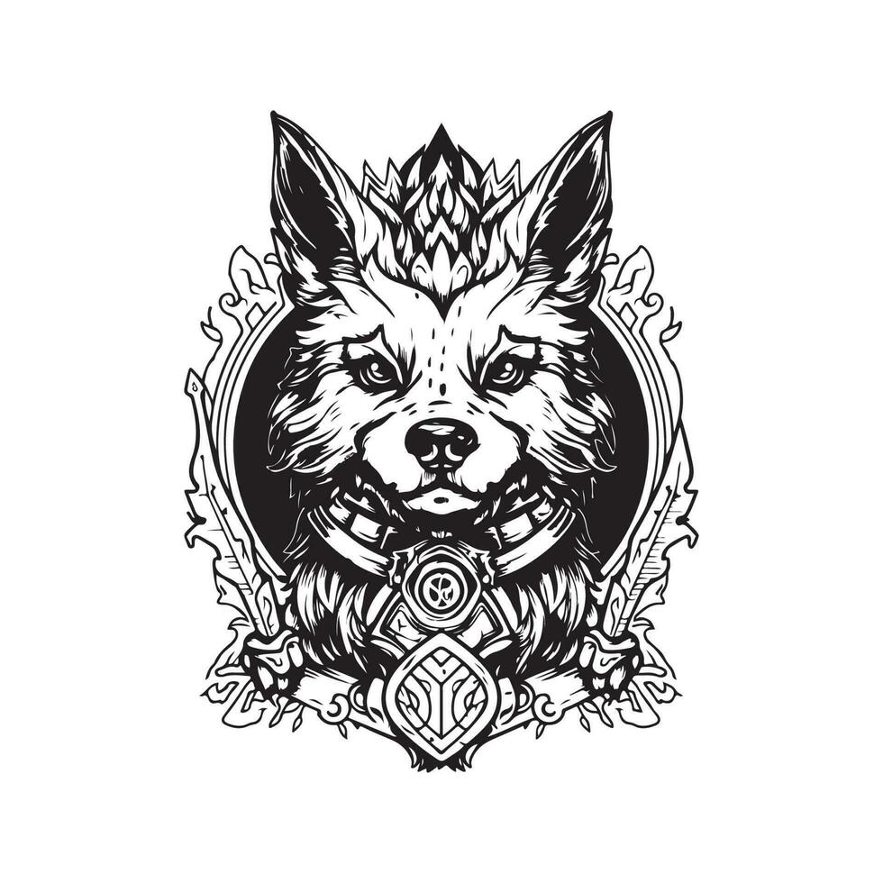 fantasy dog, vintage logo line art concept black and white color, hand drawn illustration vector