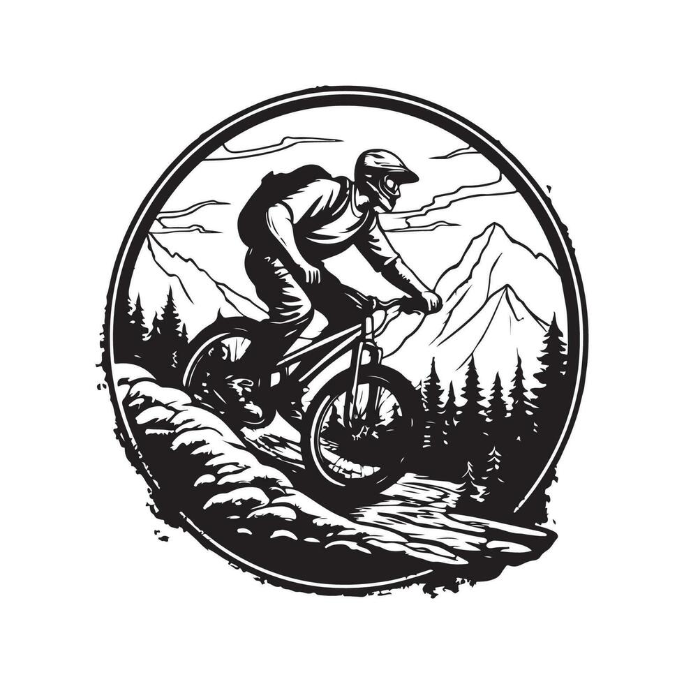 extreme sport mountain biking, vintage logo line art concept black and white color, hand drawn illustration vector