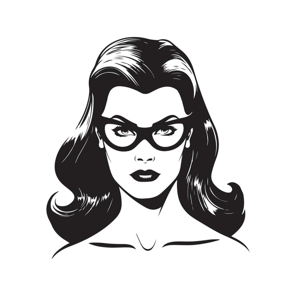 female superhero, vintage logo line art concept black and white color, hand drawn illustration vector