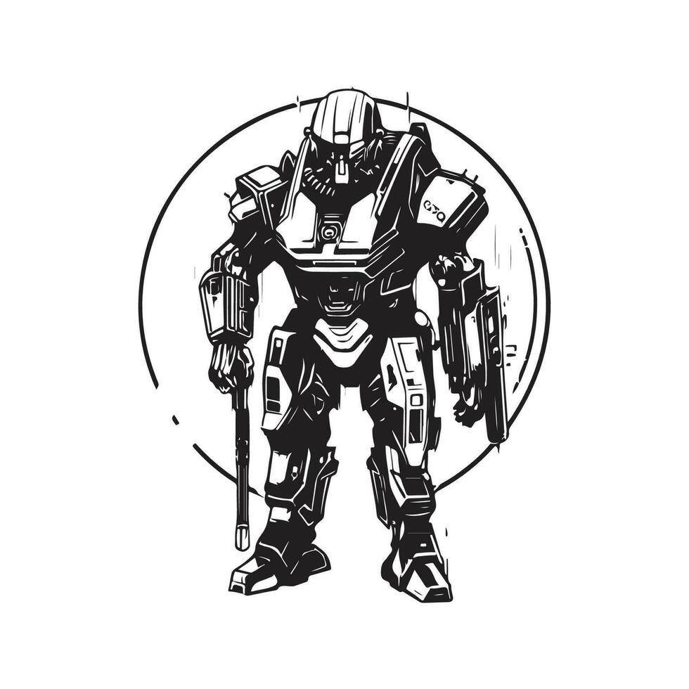 science fiction military robot warrior, vintage logo line art concept black and white color, hand drawn illustration vector