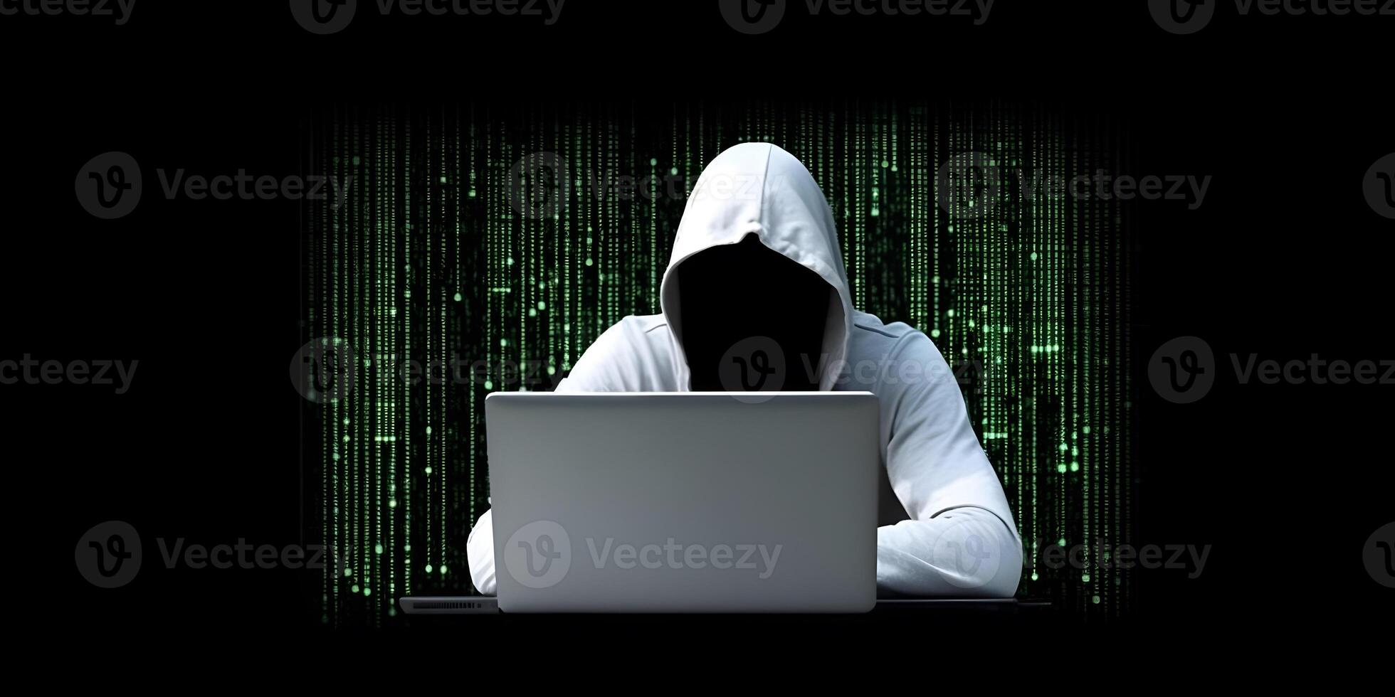 anónimo hacker con ordenador portátil. concepto de oscuro web, hackear la seguridad cibernética. ai generado imagen foto