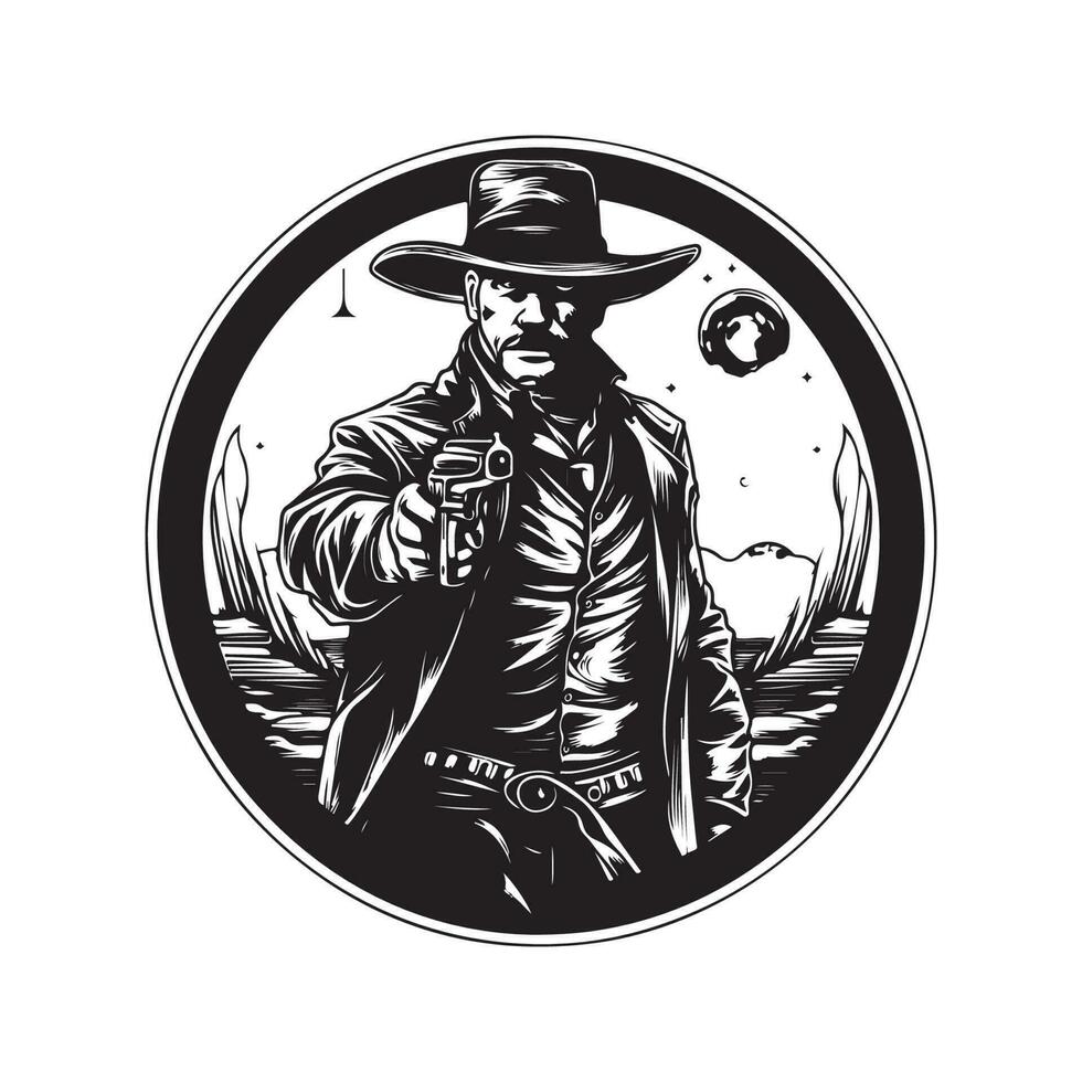 mysterious gunslinger, vintage logo line art concept black and white color, hand drawn illustration vector