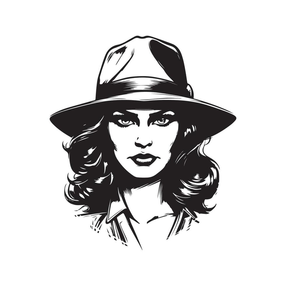 gangster woman wearing fedora, vintage logo line art concept black and white color, hand drawn illustration vector