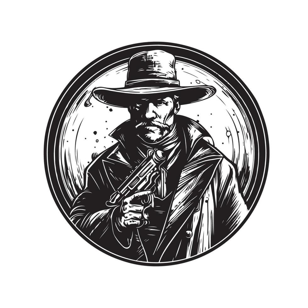 mysterious gunslinger, vintage logo line art concept black and white color, hand drawn illustration vector