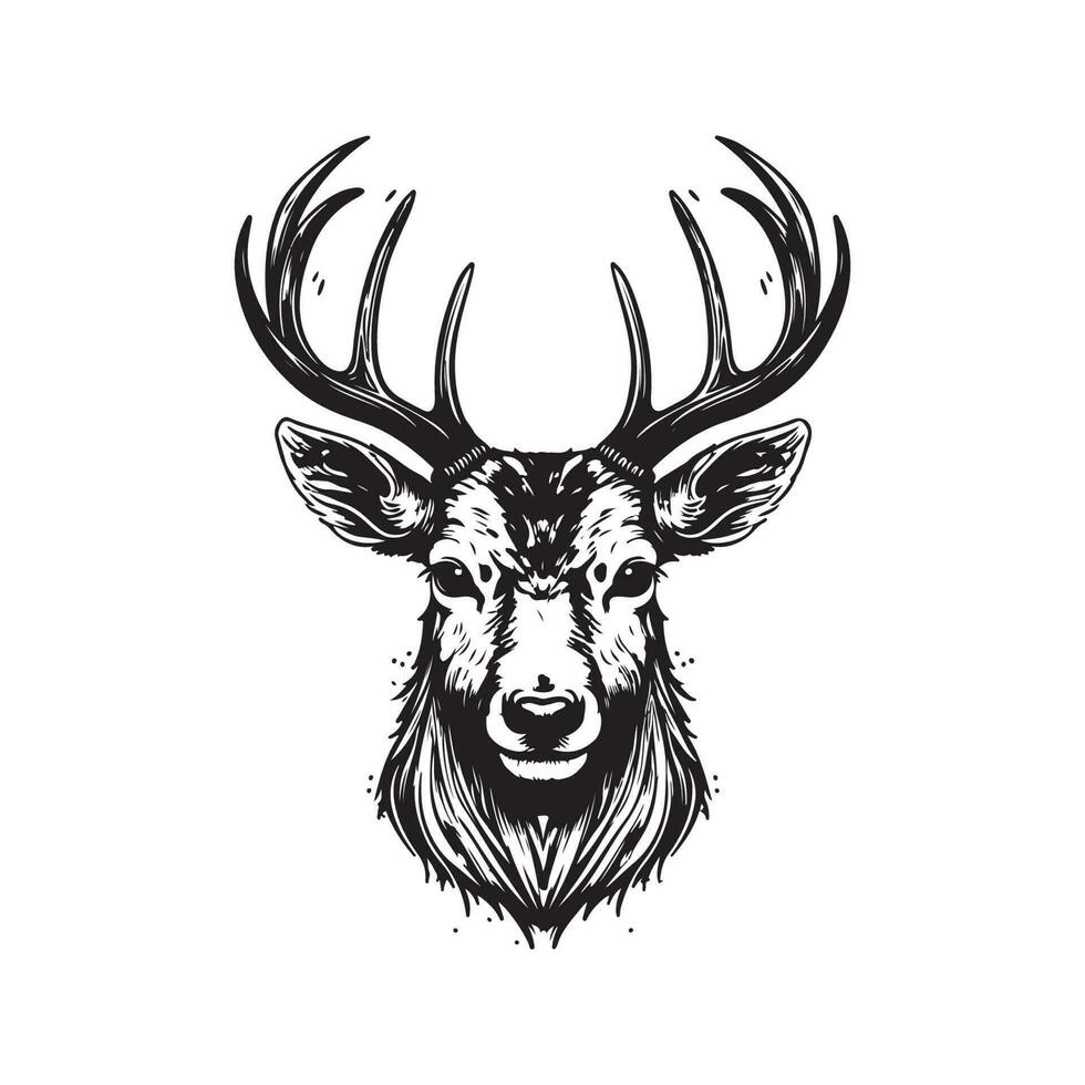 deer head, vintage logo line art concept black and white color, hand drawn illustration vector