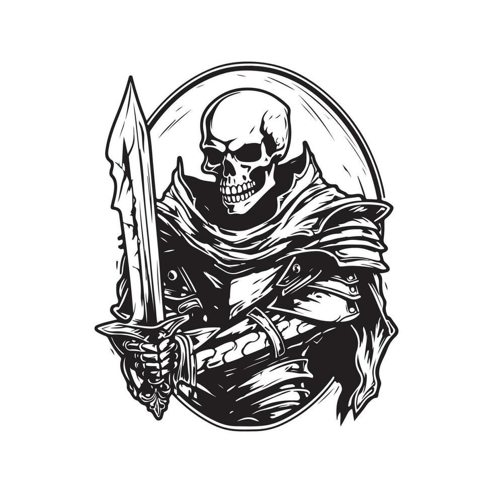 skeleton knight, vintage logo line art concept black and white color, hand drawn illustration vector