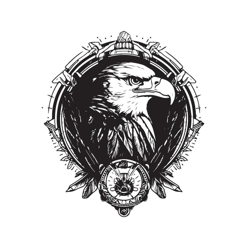 eagle warrior, vintage logo line art concept black and white color, hand drawn illustration vector