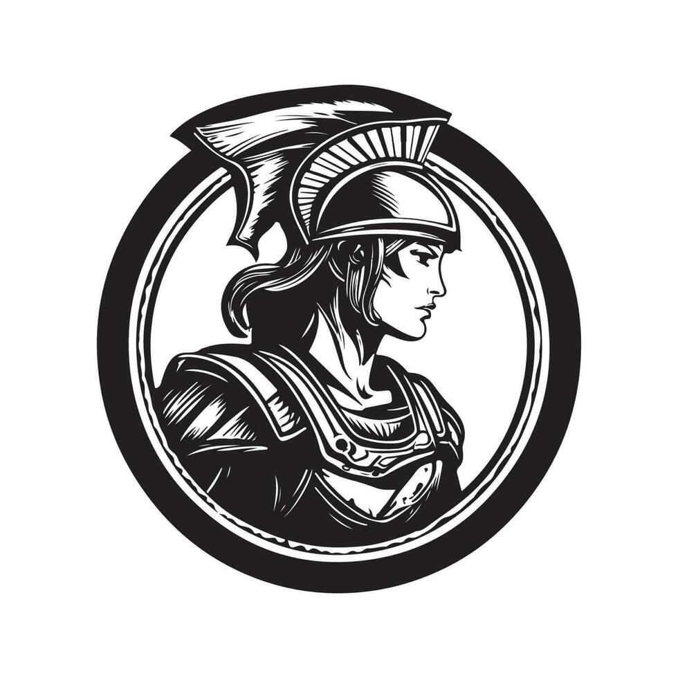 female warrior, vintage logo line art concept black and white color, hand drawn illustration vector