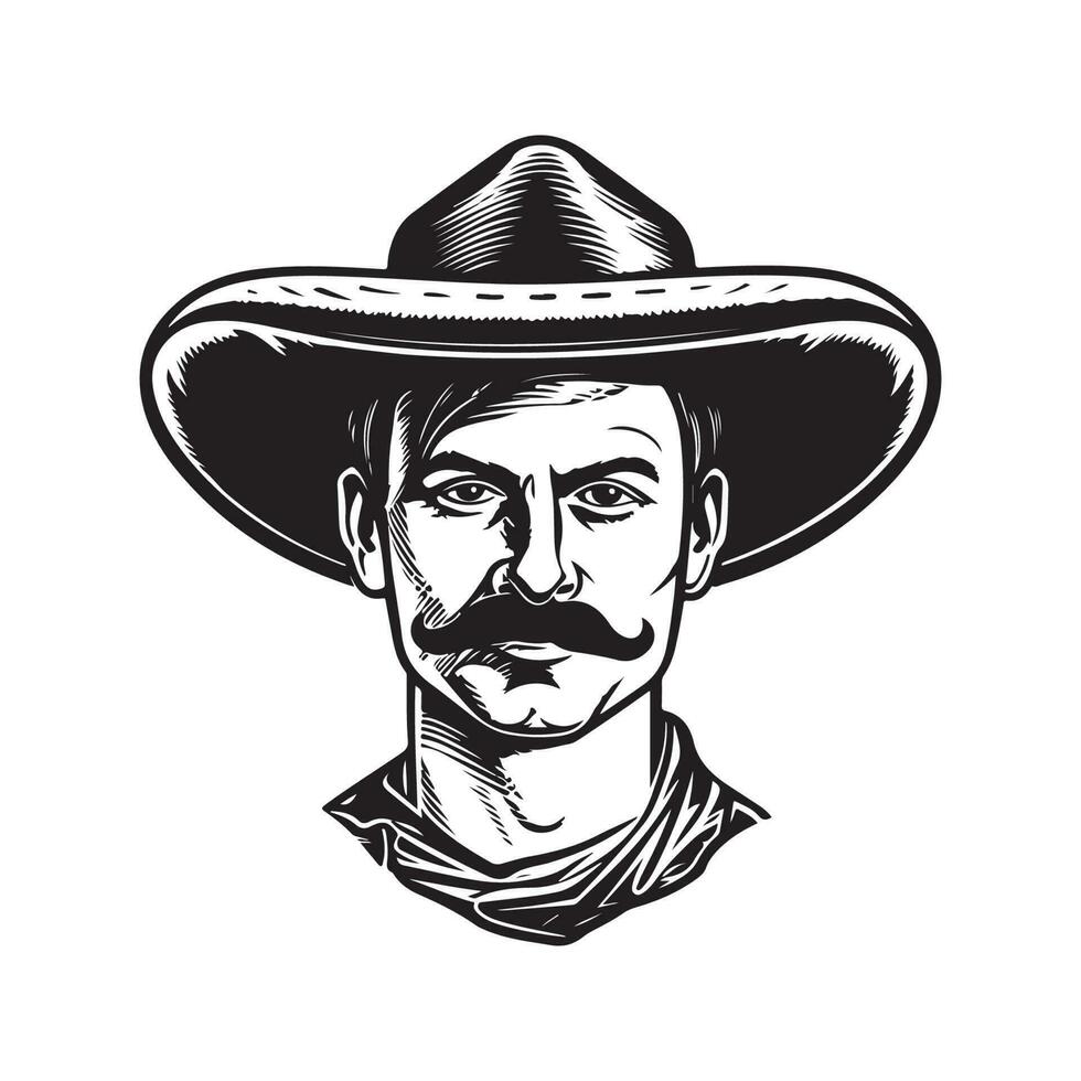 man wearing sombrero hat, vintage logo line art concept black and white color, hand drawn illustration vector