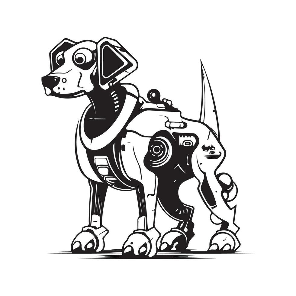 dog robot machine, vintage logo line art concept black and white color, hand drawn illustration vector