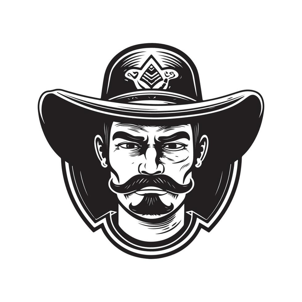 man wearing sombrero hat, vintage logo line art concept black and white color, hand drawn illustration vector