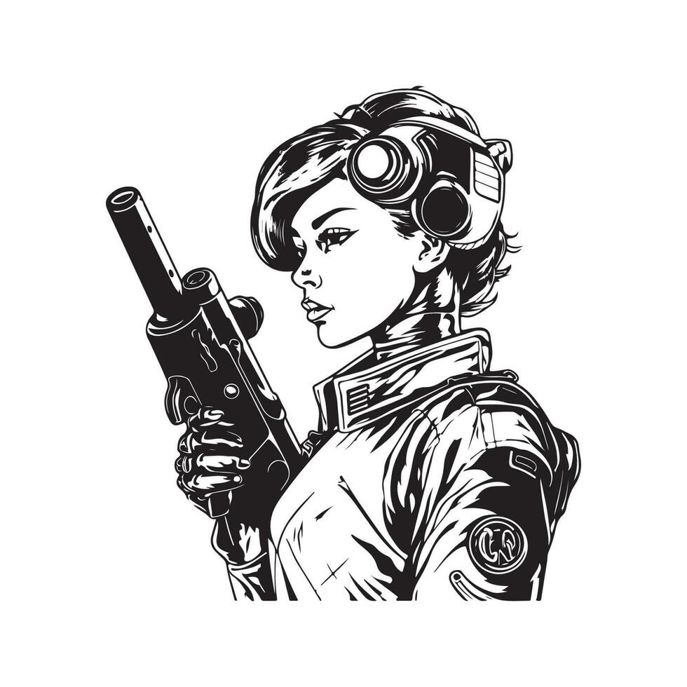 cyborg girl with gun, vintage logo line art concept black and white color, hand drawn illustration vector