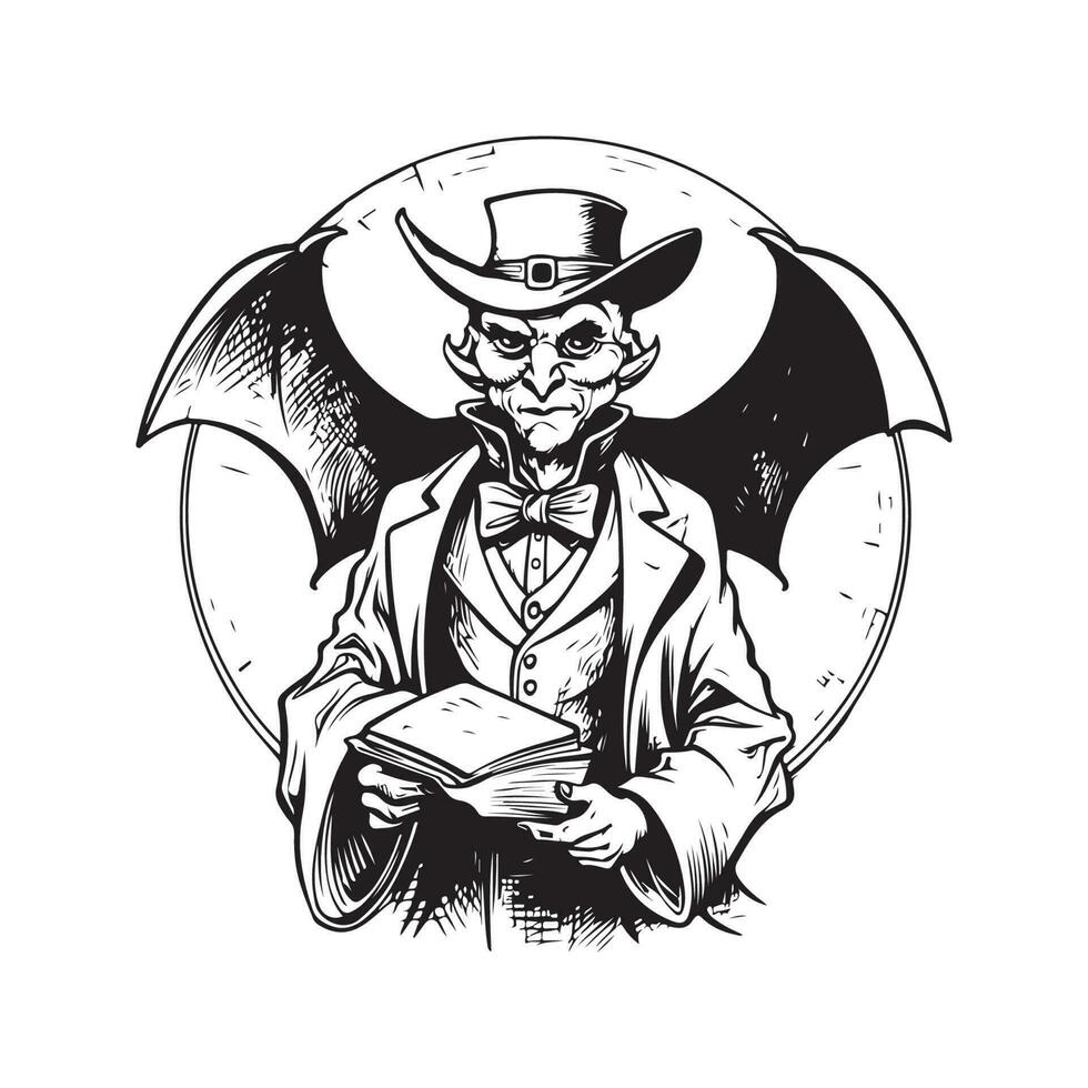 demon bat, vintage logo line art concept black and white color, hand drawn illustration vector