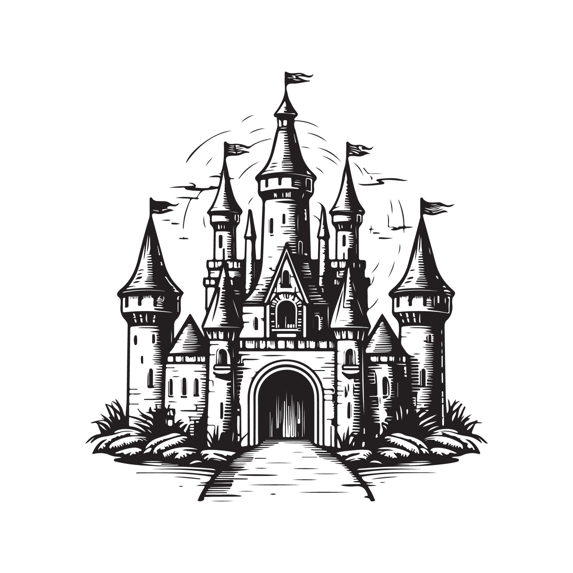 medieval castle, vintage logo line art concept black and white