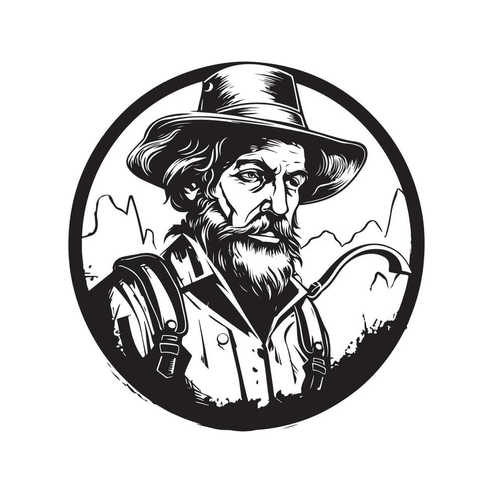 miserable prospector, Clásico logo línea Arte concepto negro y blanco color, mano dibujado ilustración vector