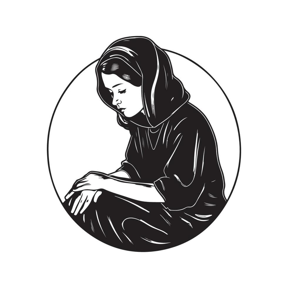 female introspection, vintage logo line art concept black and white color, hand drawn illustration vector