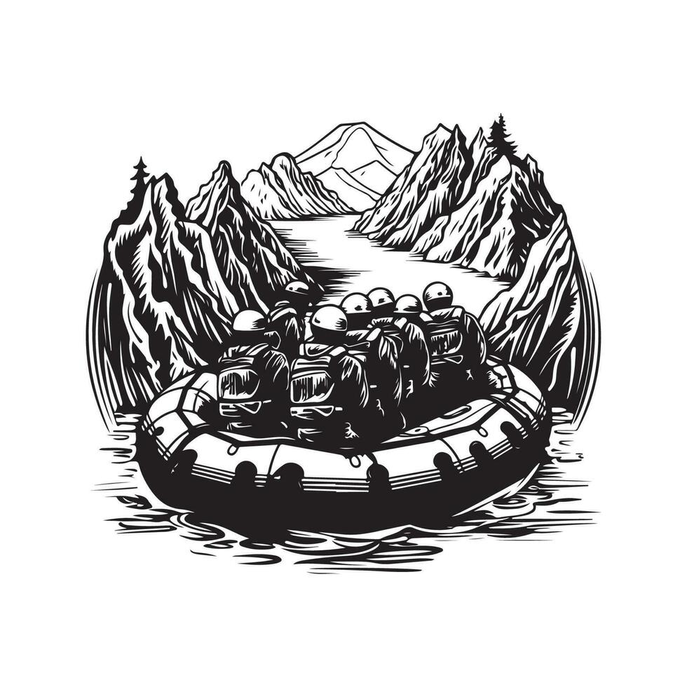 rafting, vintage logo line art concept black and white color, hand drawn illustration vector