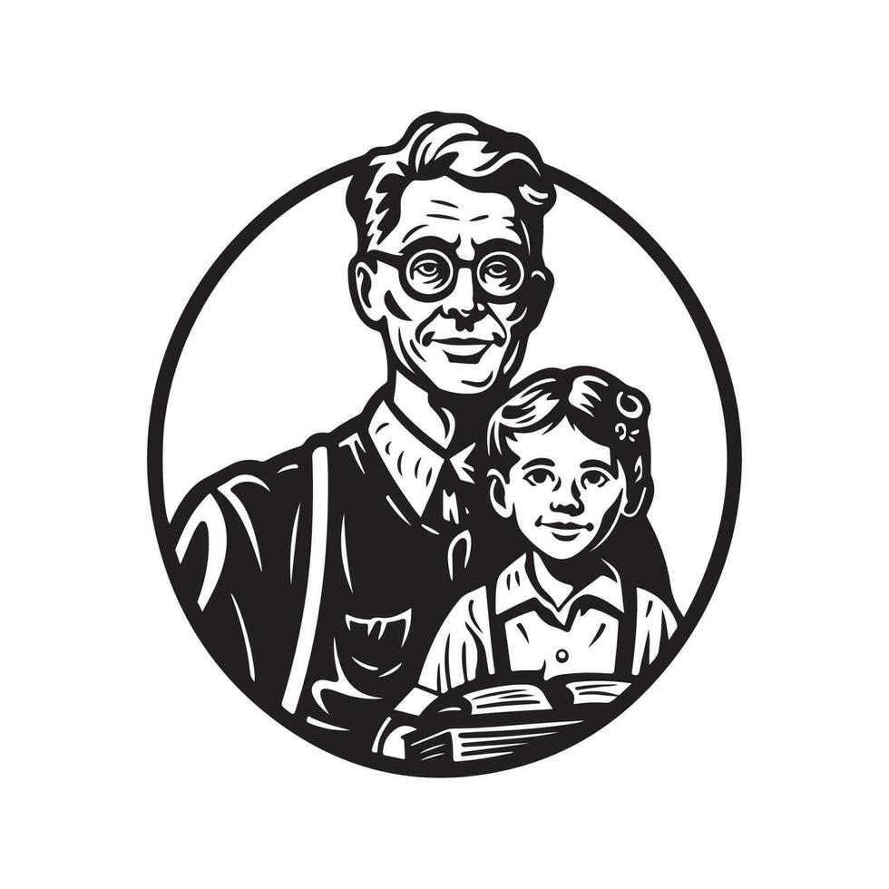 grandfather and grandchildren, vintage logo line art concept black and white color, hand drawn illustration vector