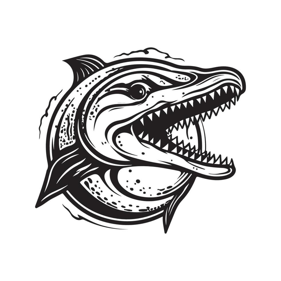 mosasaurus, vintage logo line art concept black and white color, hand drawn illustration vector