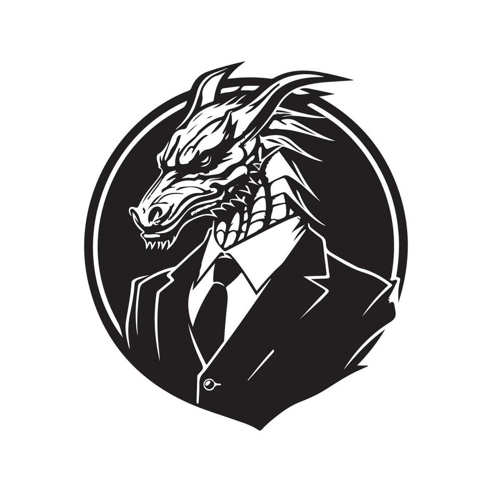 dragon wearing suit, vintage logo line art concept black and white color, hand drawn illustration vector