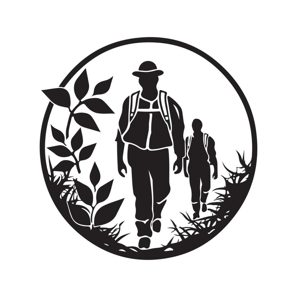 guide leading in natural way, vintage logo line art concept black and white color, hand drawn illustration vector