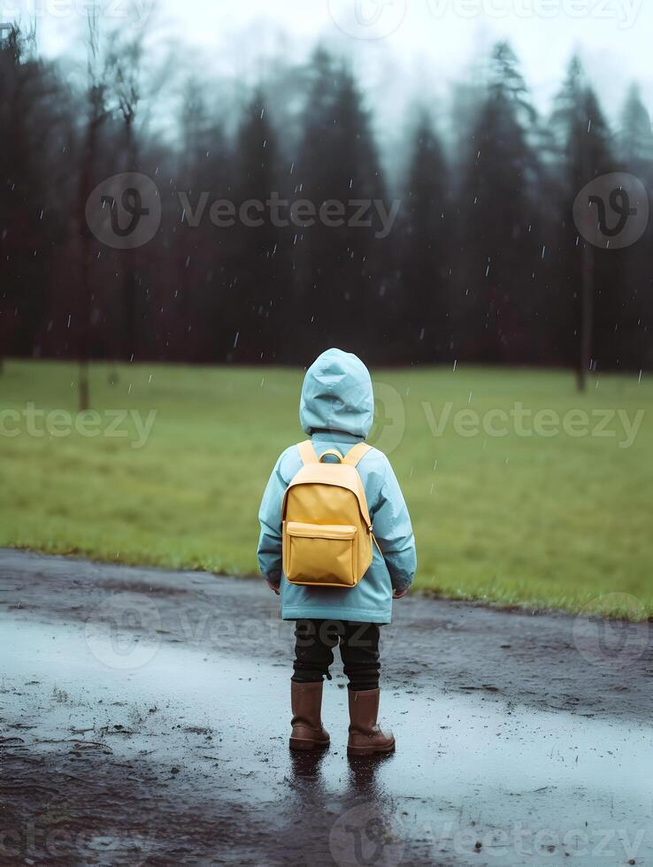 Child with raincoat and backpack. Concept of back to school. photo