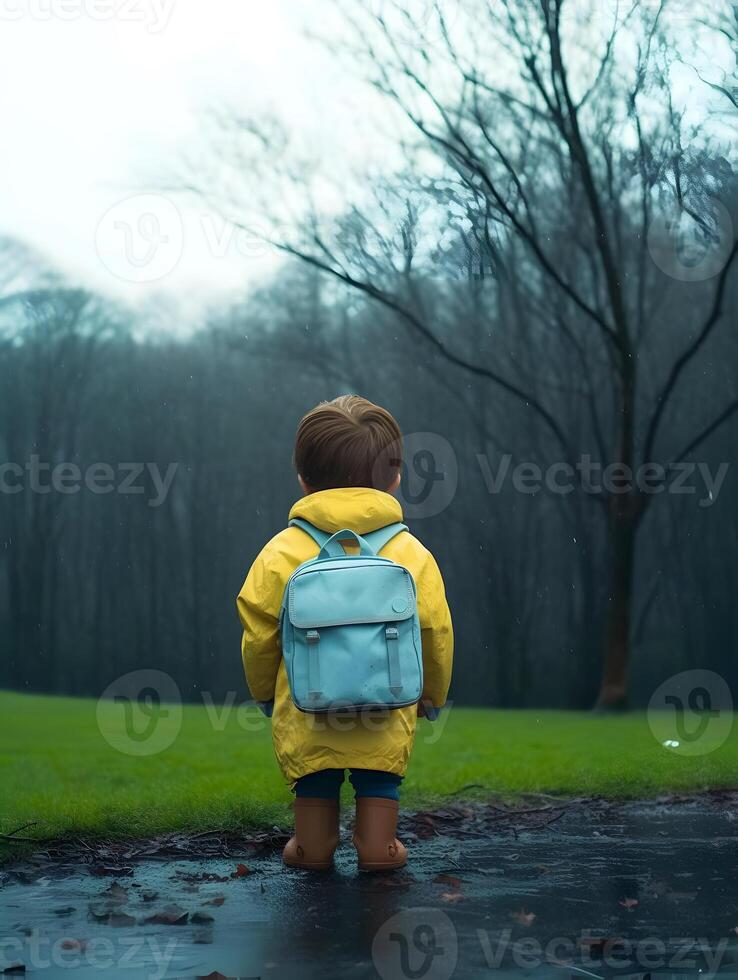 Child with raincoat and backpack. Concept of back to school. photo
