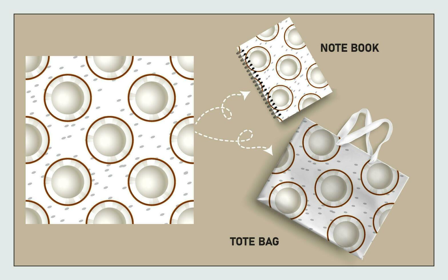 mockup tote bag and note book with slice of coconut seamless pattern vector. vector