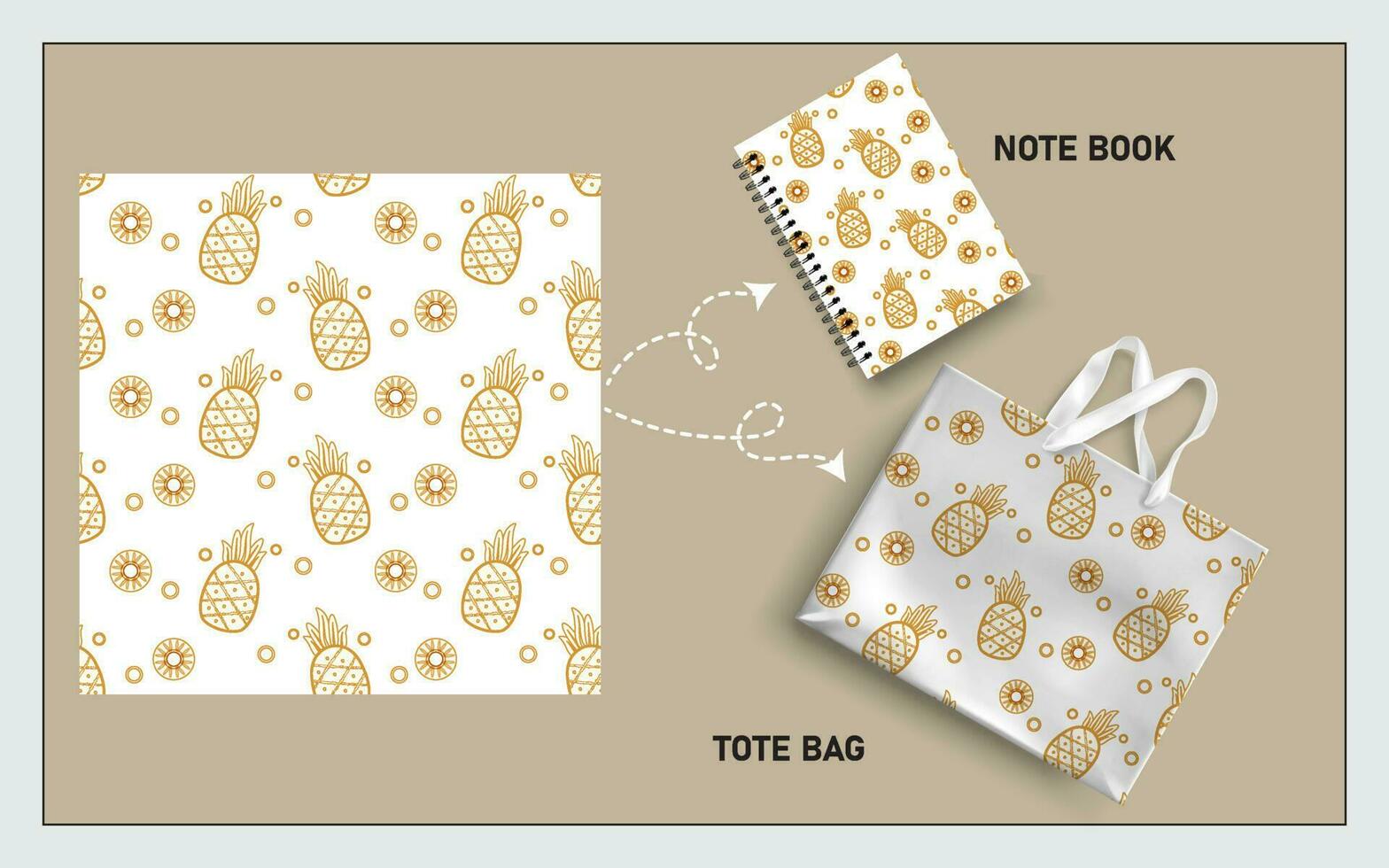 mockup tote bag and note book with pineapple fruits, leaf seamless pattern. vector