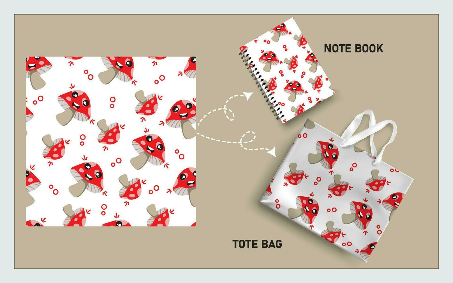 mockup tote bag and note book with mushroom vector seamless pattern.