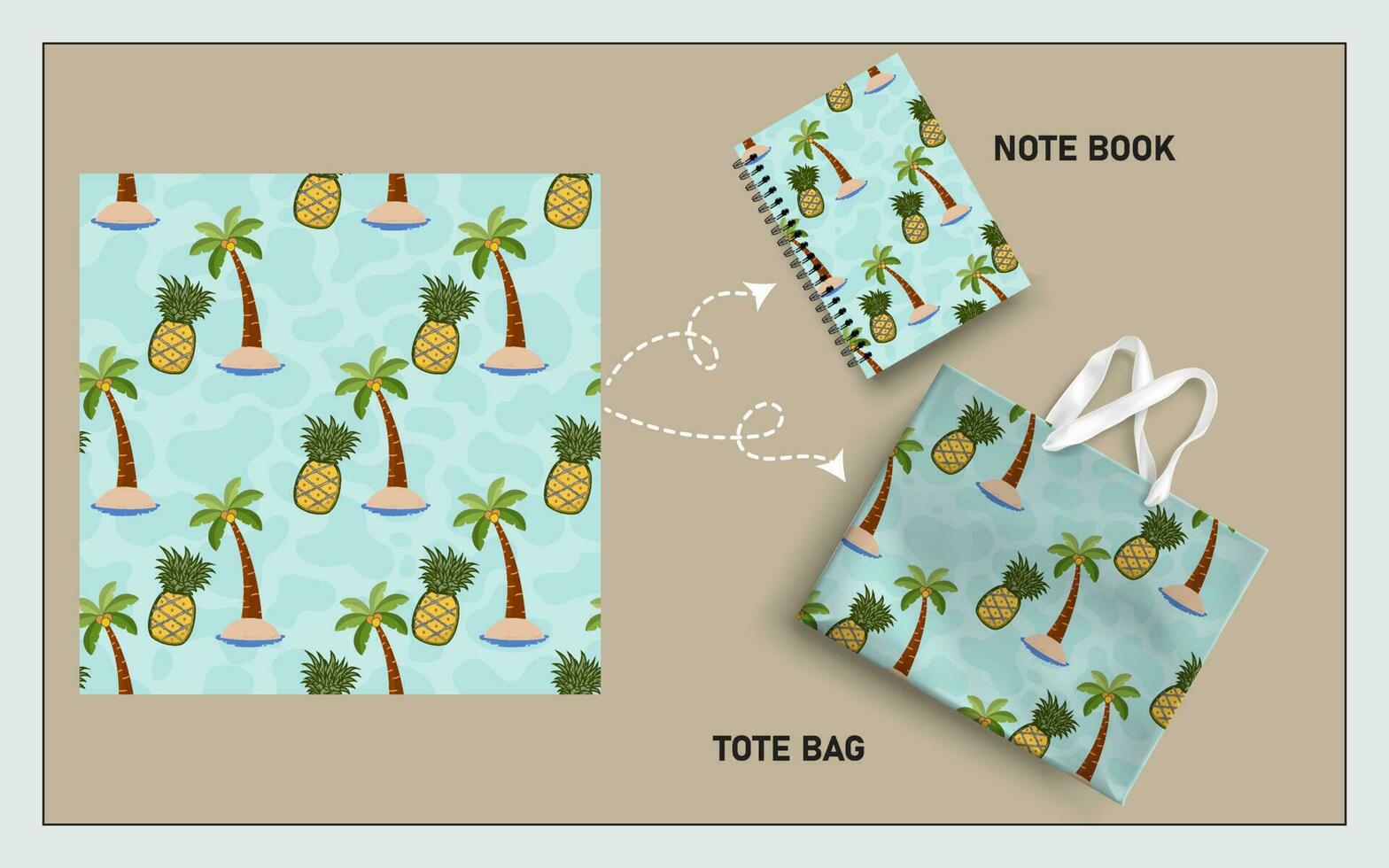 mockup tote bag and note book with pineapple fruits, leaf seamless pattern. vector