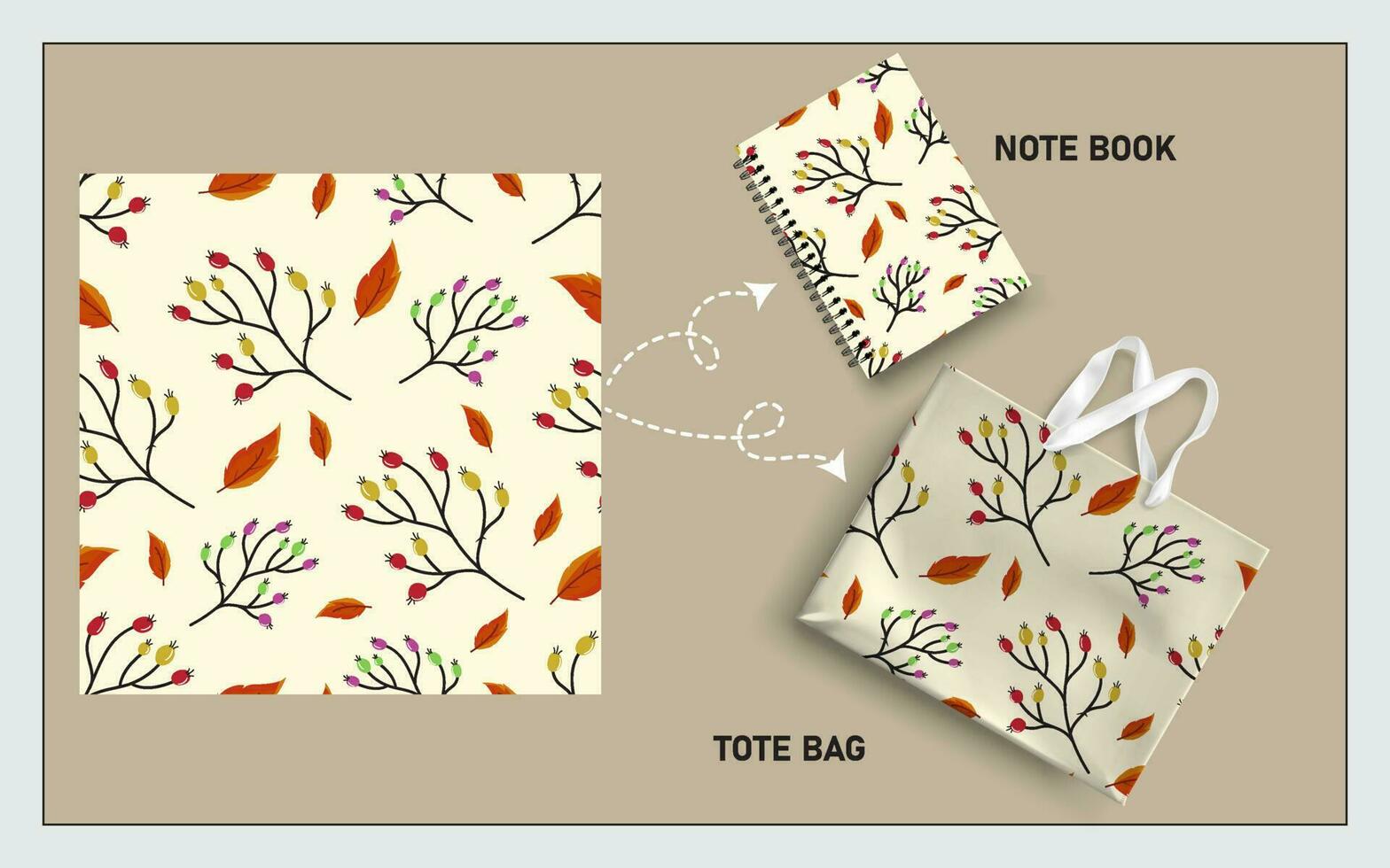 mockup tote bag and note book with berry, leaves, flower seamless pattern. vector