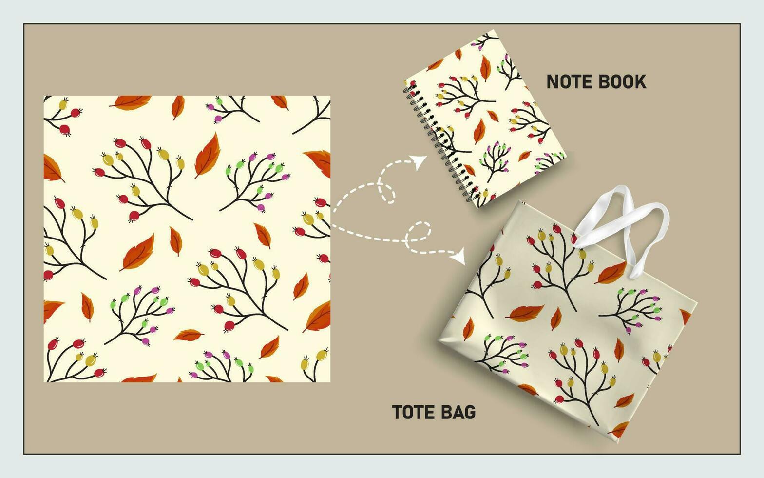 Bosquejo totalizador bolso y Nota libro con baya, hojas, flor sin costura modelo. vector