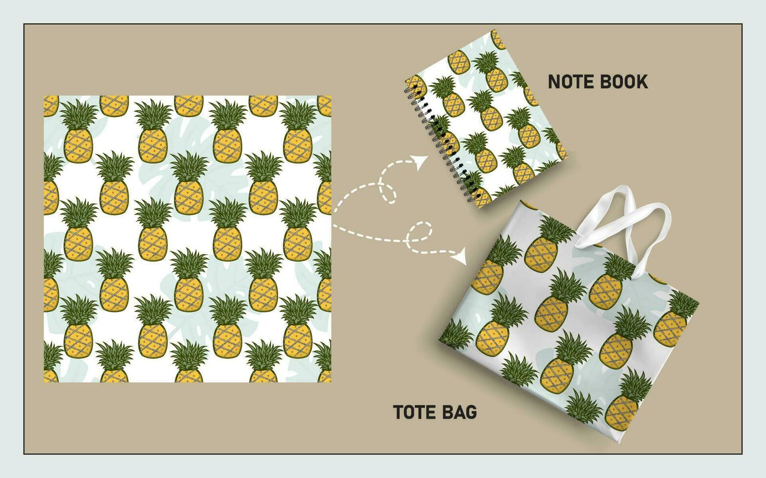 mockup tote bag and note book with pineapple fruits, leaf seamless pattern. vector