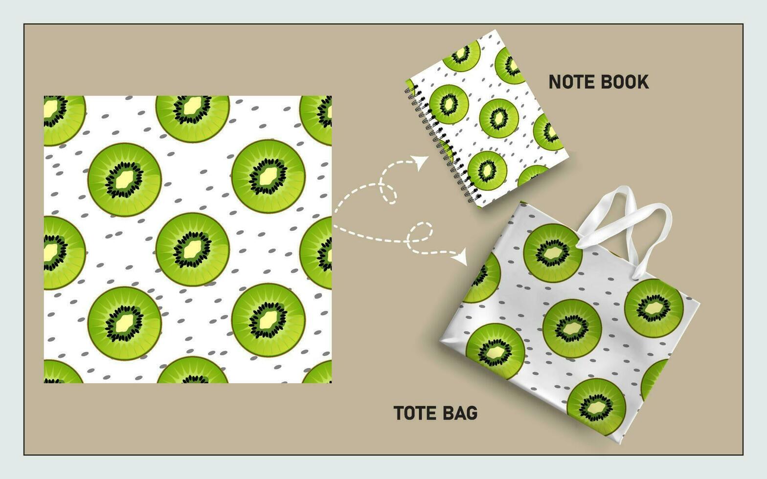 mockup tote bag and note book with slice of kiwi seamless pattern vector. vector