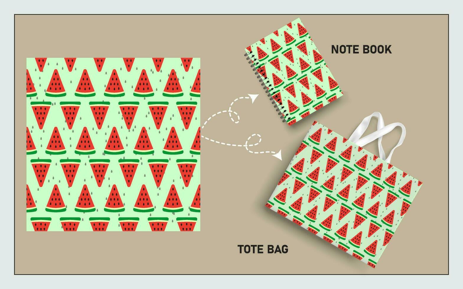 mockup tote bag and note book with slice of watermelon fruits, leaf seamless pattern. vector