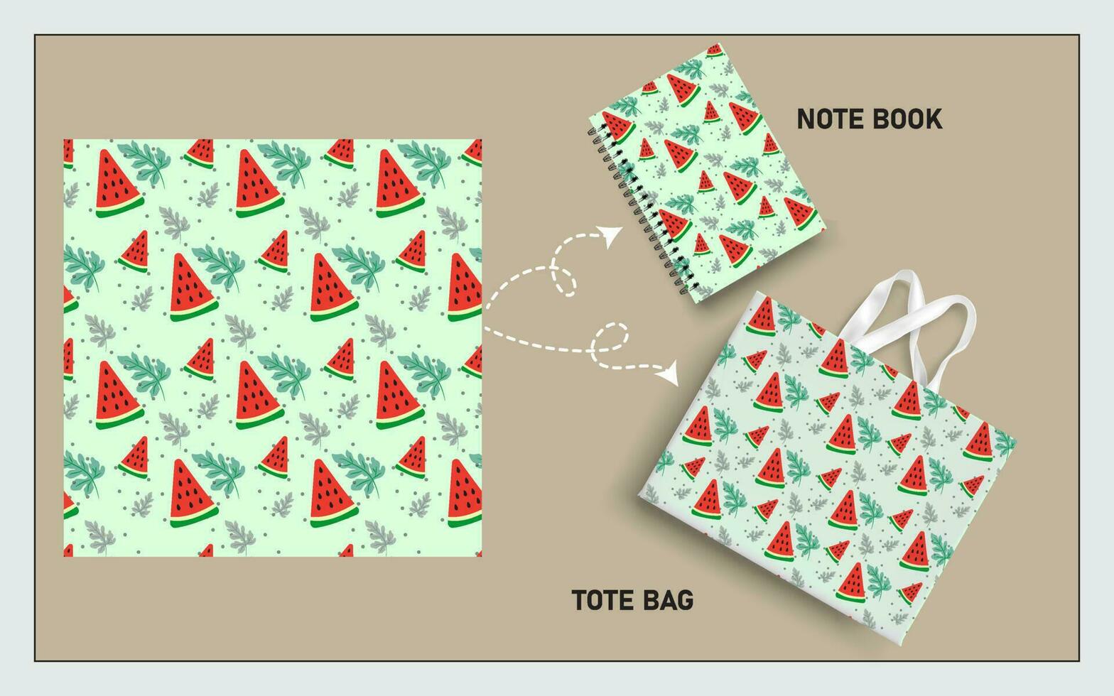 mockup tote bag and note book with slice of watermelon fruits, leaf seamless pattern. vector