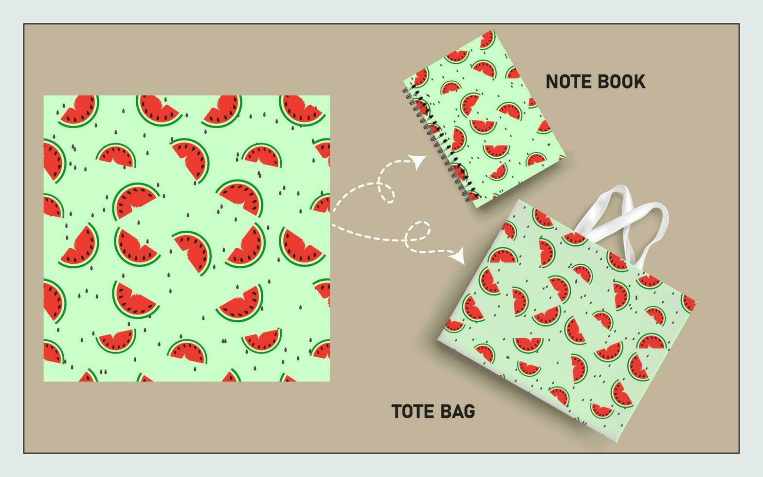 mockup tote bag and note book with slice of watermelon fruits, leaf seamless pattern. vector