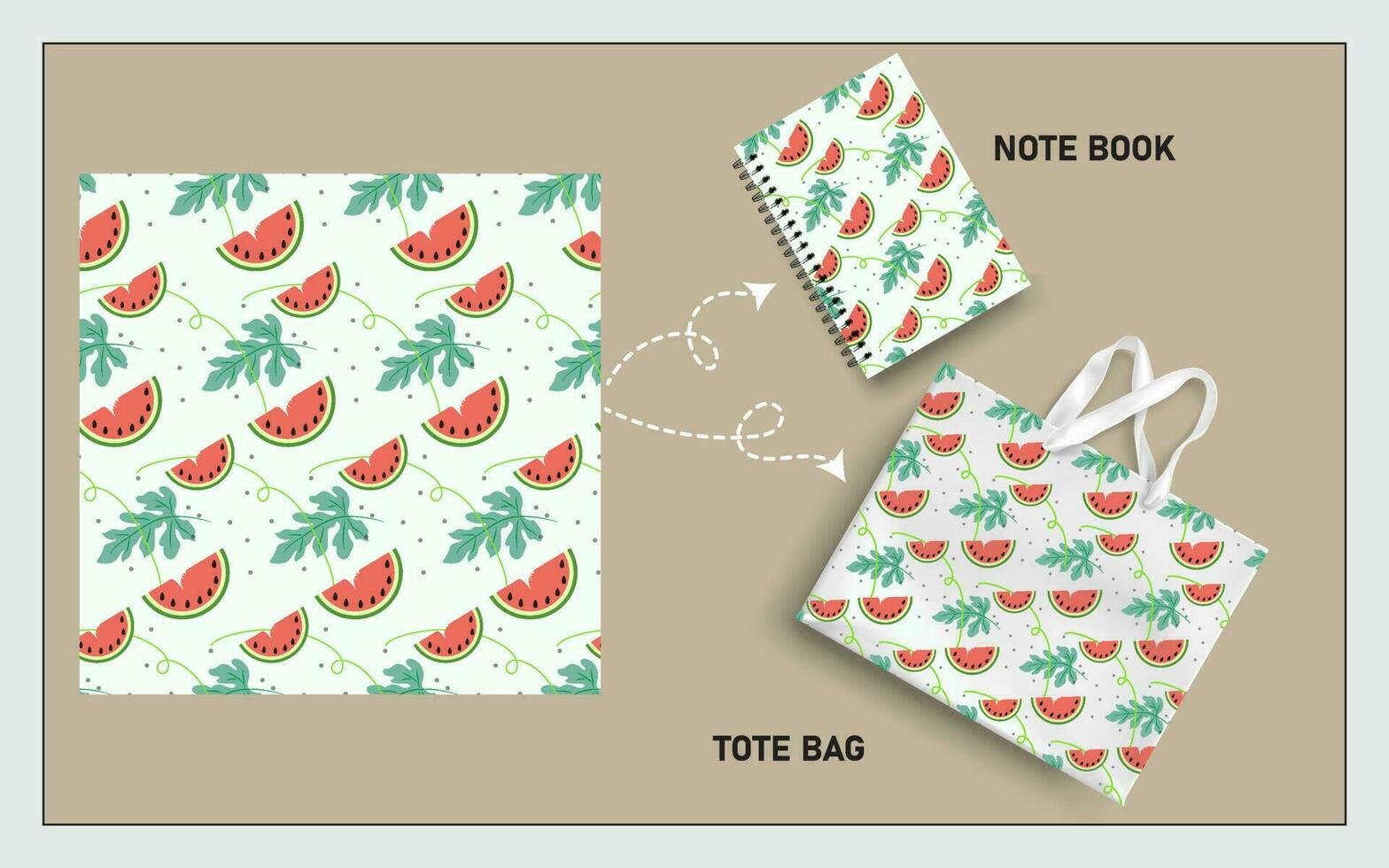 mockup tote bag and note book with slice of watermelon fruits, leaf seamless pattern. vector