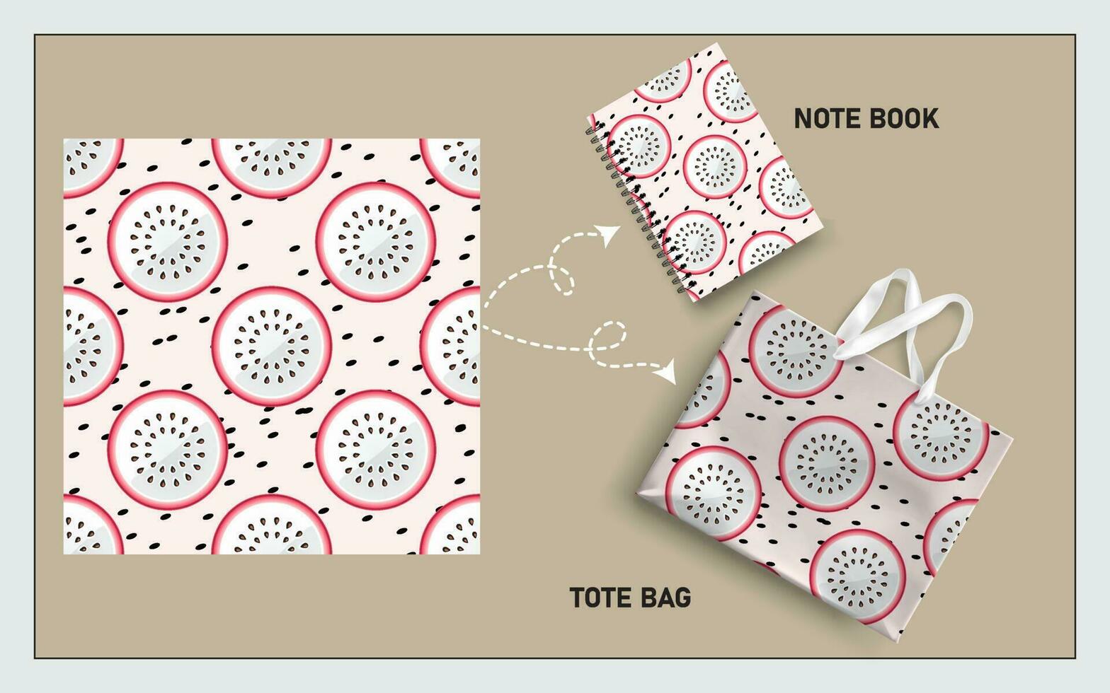 mockup tote bag and note book with slice of dragon fruit seamless pattern vector. vector