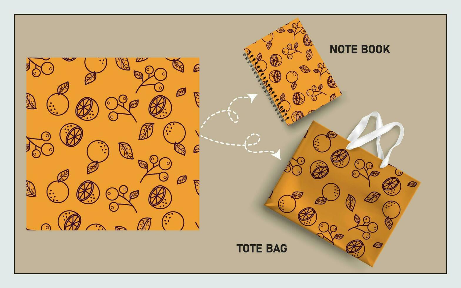 mockup tote bag and note book with cherry and  lemon line art seamless pattern vector. vector