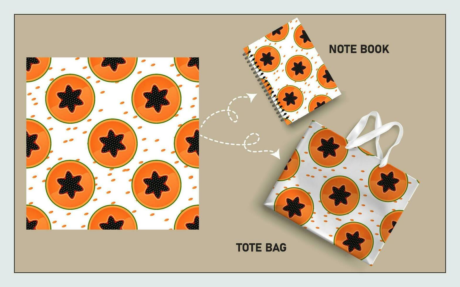 mockup tote bag and note book with slice of papaya seamless pattern vector. vector