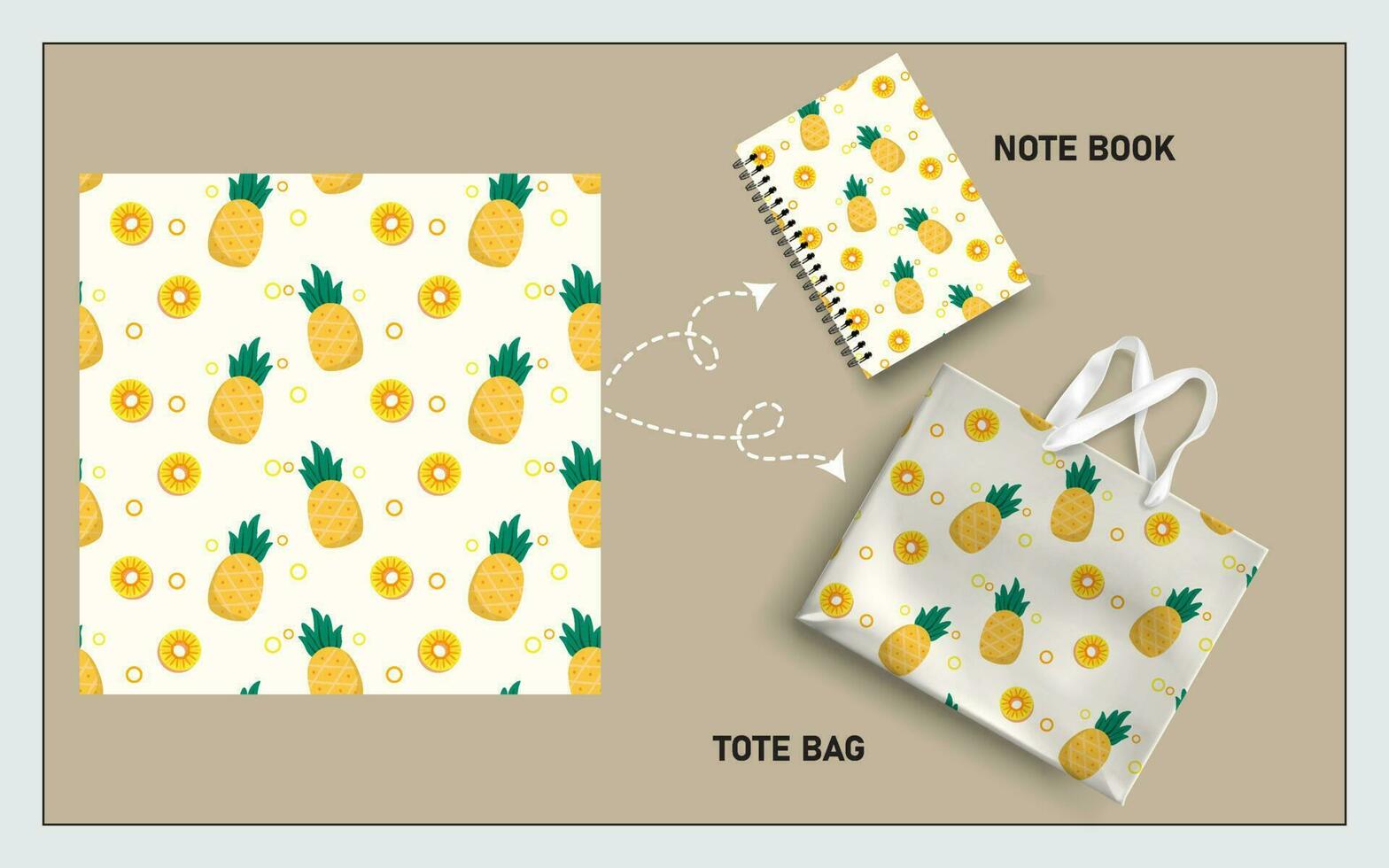 mockup tote bag and note book with pineapple fruits, leaf seamless pattern. vector