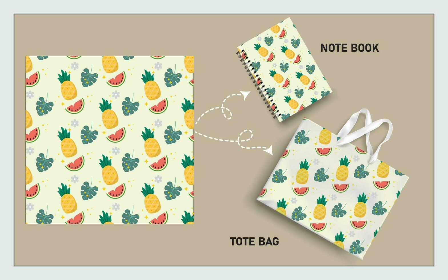 mockup tote bag and note book with pineapple fruits, leaf seamless pattern. vector